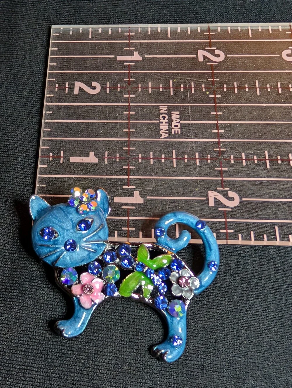 Blue Jeweled Cat Brooch - Decorative Floral Cat Pin